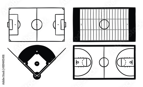 Collection of 4 fields: soccer, football, baseball, basketball. Sports illustration. Vector design.
