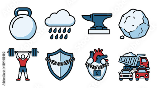 Colorful icons depict weightlifting, rain cloud, anvil, boulder, strongman, shield, heart lock, and vehicles.