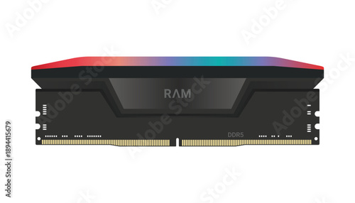 Computer memory module with DDR5 technology. Colorful RGB lighting, for PC components.