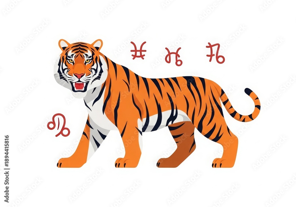 Obraz premium Flat illustration of tiger, a zodiac animal symbolizing courage and power