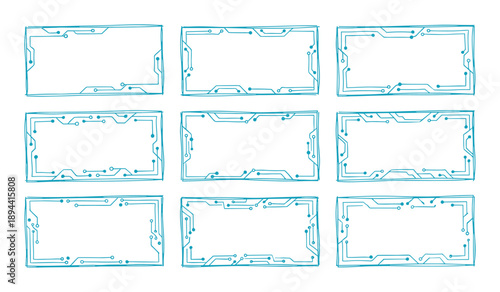 Cyan rectangle frames with circuit board design elements, for technological designs, graphic decorations, borders.