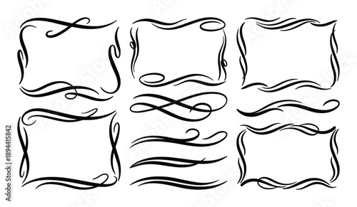 Decorative design elements collection with ornate flourish frame vector. Hand drawn scribble frames and borders set.