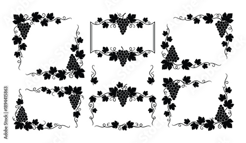 Decorative grapevine borders and frames for text. Silhouette illustration. Elegant grape leaves and vine.