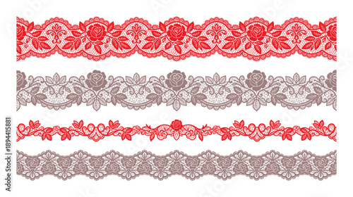 Decorative vector lace borders featuring floral elements in red and brown shades for various designs.