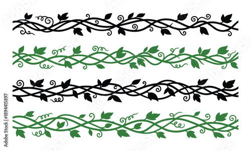 Decorative vines with leaves. Black and green plant ornamental borders, horizontal foliage tendrils, natural decor