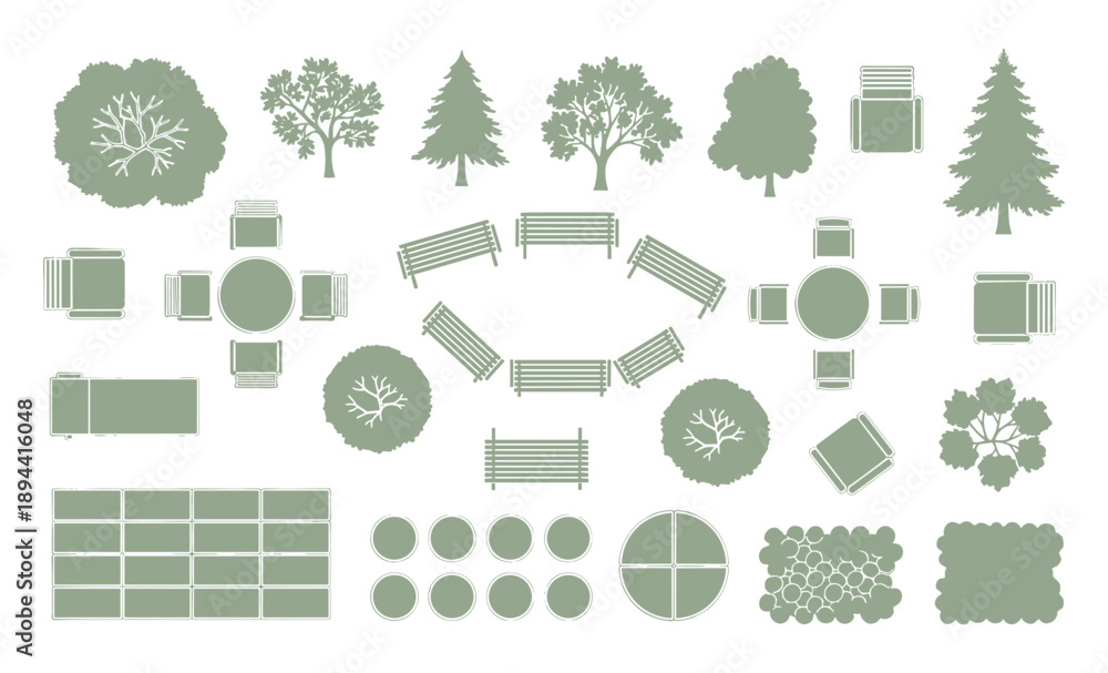 Fototapeta premium Detailed garden plan view showcasing outdoor furniture, trees, benches, paving stones, and circular planting beds.