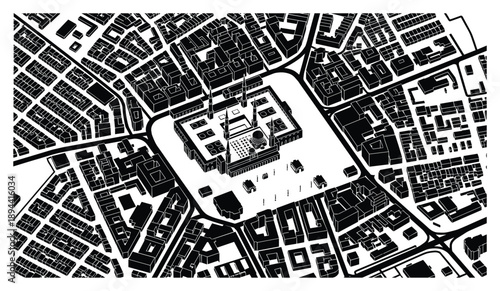 Detailed cityscape art featuring a mosque with minarets, surrounded by buildings and street layout.