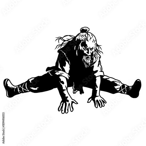 A fierce warrior stretching on the ground. Strong silhouette style with dramatic contrast, inspired by ancient combat, strength, flexibility, and martial arts.