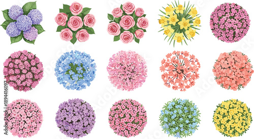 Top view colorful flowering bushes and garden plants set floral landscape elements for park map design vector collection