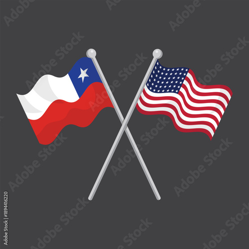 Waving Chile and United States national flags crossed on silver poles for international official partnership relations