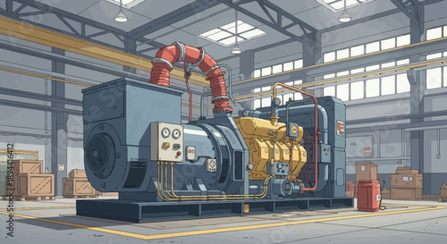 Industrial Generator in a Large Factory Setting, Powering Operations and Providing Reliable Electricity for Manufacturing Processes