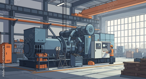 Industrial generator and machinery in a manufacturing plant with a worker overseeing operations