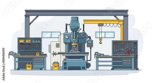 Industrial machine shop with milling equipment, tools, and workshop benches for manufacturing and fabrication