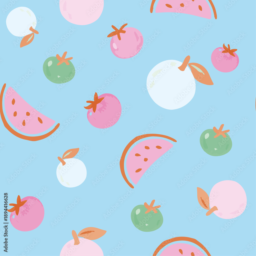 Obraz premium Playful Fruit Pattern on Blue Background – Colorful Modern Illustration