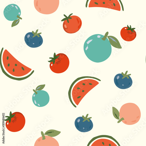 Modern Stylized Fruits on Light Background – Decorative Food Artwork, Rapport Patron Allover de Frutas