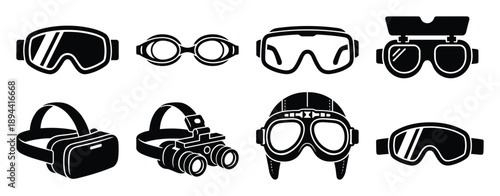 Diverse goggle glyph set including ski, swim, VR, night vision, aviation, and safety types.