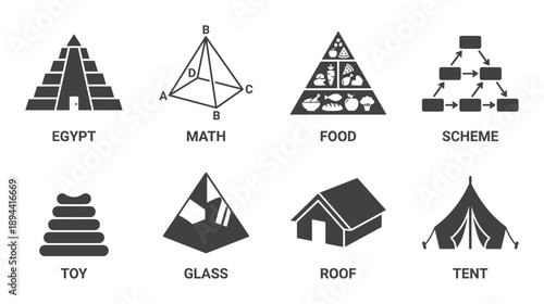Diverse glyph set featuring pyramids, food pyramid, schemes, and more. Perfect for projects needing visual clarity.