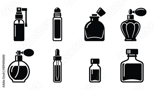 Diverse perfume bottles glyph set. Black silhouette perfume and essential oil containers isolated. Beauty concept.