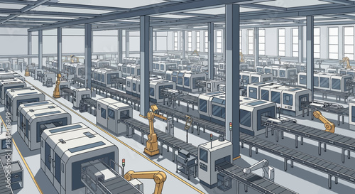 Modern automated assembly line in a large industrial factory producing goods with robotic arms and conveyor belts