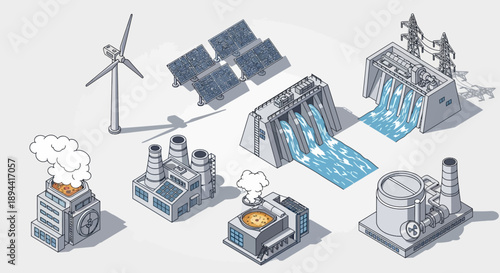 Various types of power generation plants and renewable energy sources shown in an isometric view, including a wind turbine, solar panels, hydroelectric dams, and nuclear facilities