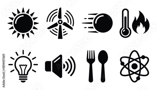 Energy types glyph icons. Solar, wind, kinetic, thermal, light, sound, food and atomic energy symbols.