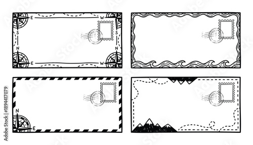 Envelope design with travel themes including compass, waves, and mountains, with stamps and postal marks.