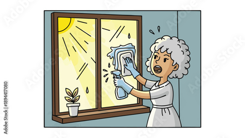 Woman Cleaning Window with Squeegee at Home, Suitable for Housekeeping, Home Care, Lifestyle, and Cleaning Service Content