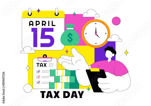 Happy Tax Day Vector Illustration On 15 April With Clipboard Tax Form, Clock, Pen, Coin Money, Paper Document For Bill Payment Flat Background