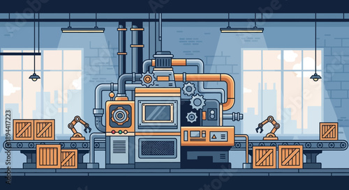 Industrial factory interior with automated production line and robotic arms, illustrating manufacturing and logistics