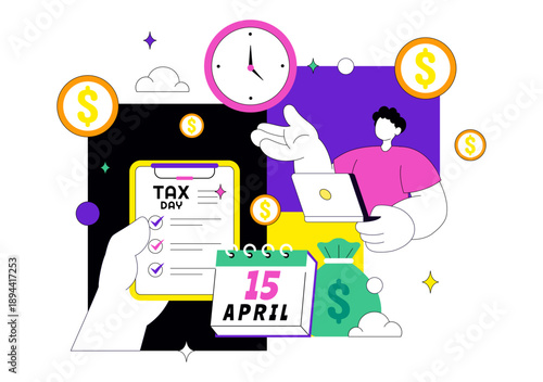 Happy Tax Day Vector Illustration On 15 April With Clipboard Tax Form, Clock, Pen, Coin Money, Paper Document For Bill Payment Flat Background