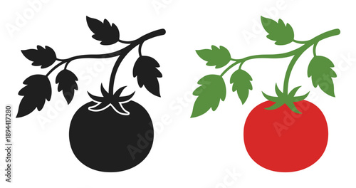 Flat and silhouette vector illustration of a tomato plant, showing red tomato with green stem and leaves.