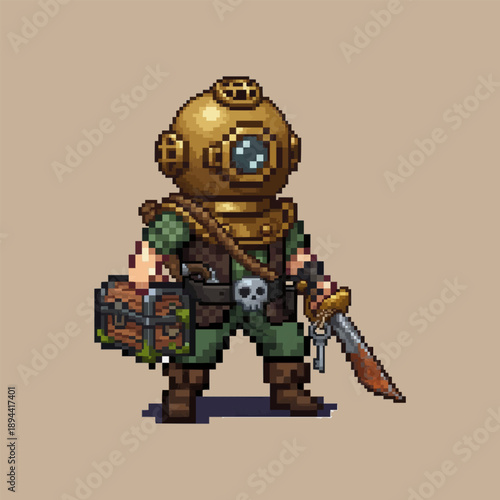 pixel art diver in a vintage brass helmet holding a treasure chest and a rusty sword.