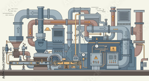 Complex industrial machinery with intricate pipework and ventilation systems for manufacturing or energy production