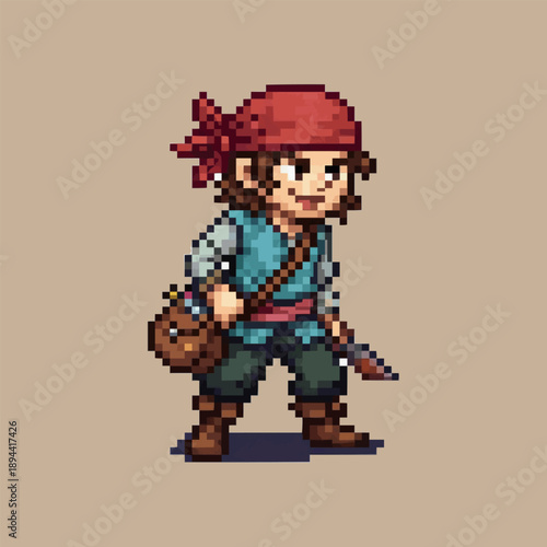pixel art young pirate boy carrying a brown satchel bag and holding a small sharp dagger.
