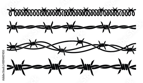 Four barbed wire fence types with twisted, coiled, spikes and thorns, realistic fence elements.