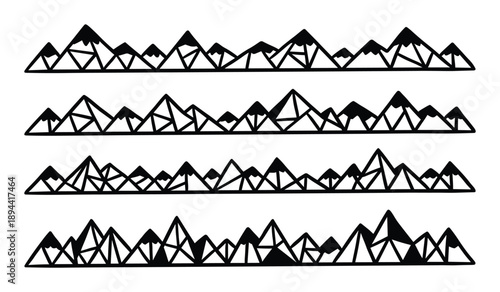 Four mountain outlines. Abstract, polygonal style mountain silhouettes, detailed mountain peaks design.