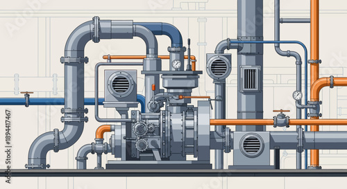 Industrial piping system with pump and various gauges, showcasing complex engineering and mechanical infrastructure
