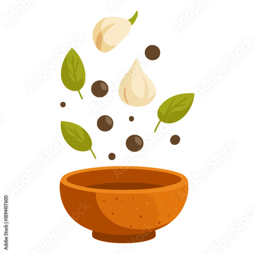 Spice herb nature ingredient fall into bowl cooking food flat color vector illustration template design