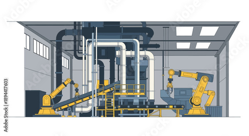 Automated Factory Production Line with Robotic Arms and Conveyor Belts