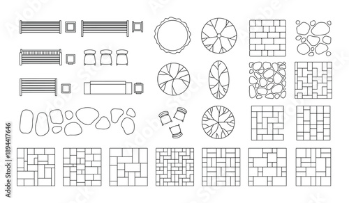 Furniture, tree plans, and paving patterns design elements for landscape architecture and outdoor spaces.