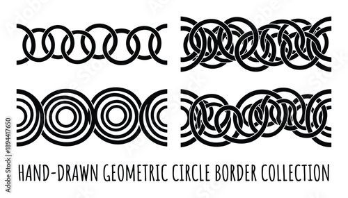 Geometric borders featuring chain links and concentric circles. Seamless border collection design element.