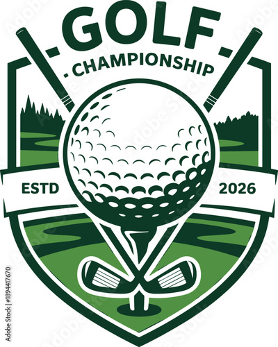 Golf championship emblem vector design with ball, clubs, tees, course background, sporty tournament logo artwork for branding, events, and promotional graphics