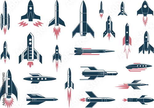 Collection of futuristic rocket and spaceship vector illustrations with flames, exhaust, wings, fins, propulsion designs, creative space vehicles for educational and artistic use