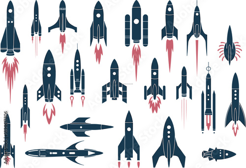 Space rocket ship icon collection with futuristic spacecraft silhouettes flat vector illustration set for startup technology and sci fi design