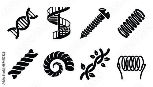 Glyph icons of helix types, DNA, screw, pasta, spring, vine, nautilus, coil and spiral staircase.