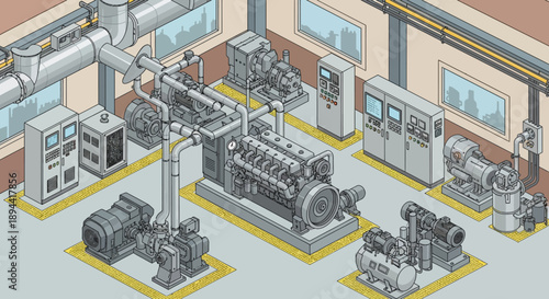 Industrial power generation facility with large diesel generators and complex machinery in an isometric view