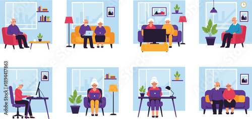 Vector illustration set of elderly senior people using laptops, watching television, and staying connected with technology in cozy modern home living room interiors.