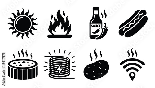 Glyph icons of hot objects include sun, fire, sauce, hotdog, jacuzzi, coil, potato and wifi symbol.