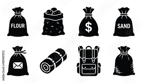 Glyph icons showing flour, sand, money, potatoes bags, backpack, and sleeping bag. Vector illustration.