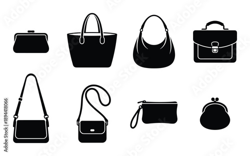 Glyph set of diverse purse types. Includes clutch, tote, hobo, satchel, crossbody, and coin purse icons.